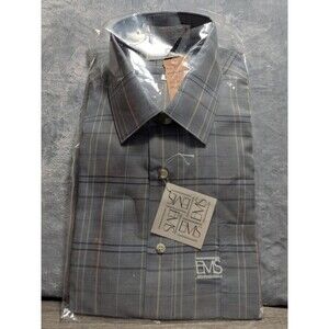 New Vintage EMS Men's L Blue Gray Plaid Woven Casual Button Down Shirt NWT